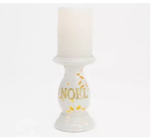 ПРАЗДНИЧНАЯ СВЕЧА НА БАТАРЕЙКАХ МЕНЯЮЩАЯ ЦВЕТ С КЕРАМИЧЕСКОЙ тисненой пьедестальной ПОДСТАВКОЙ - Изображение 3 из 4