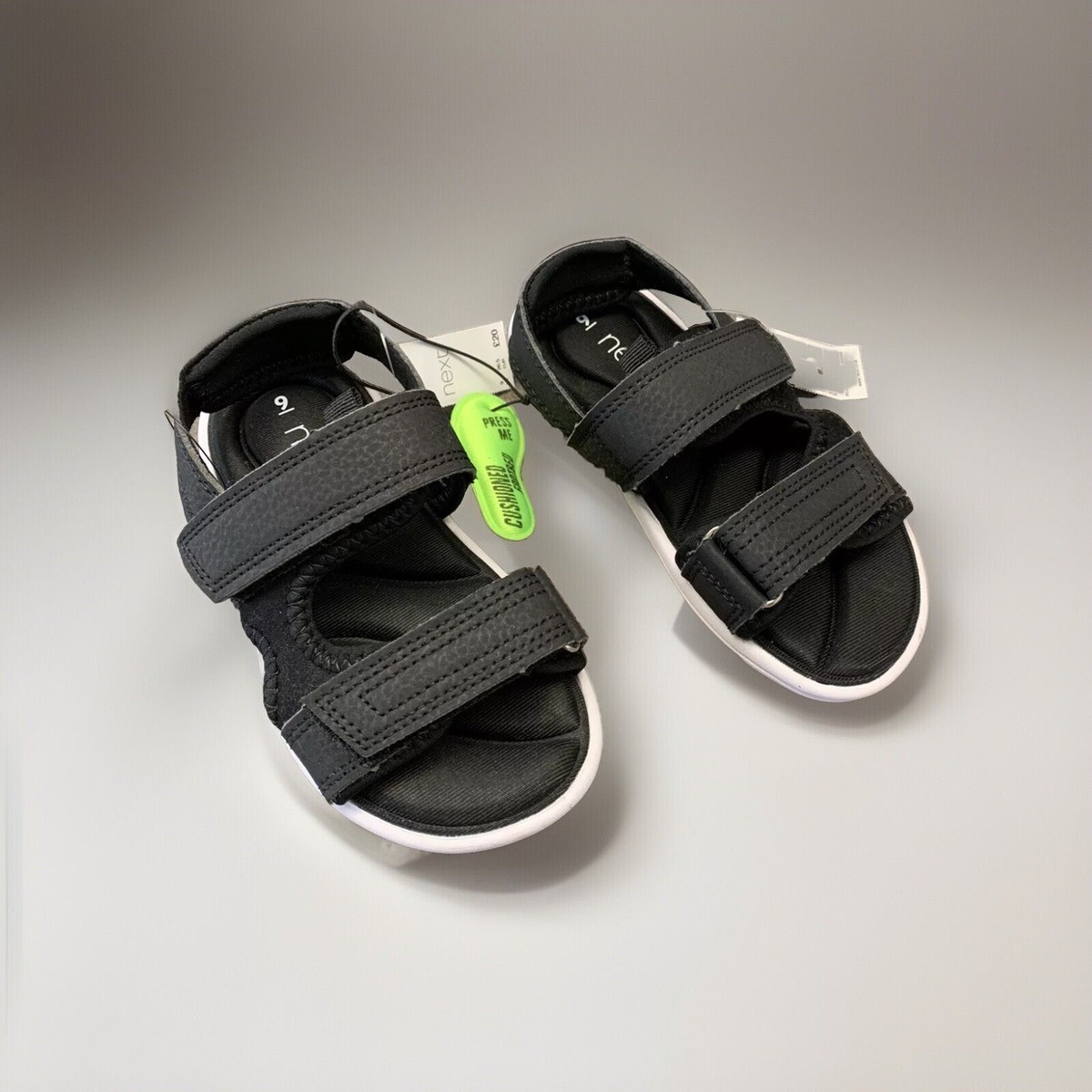 Next Boys Girls Black Cushioned Footbed Riptape Strap Flat Sandals