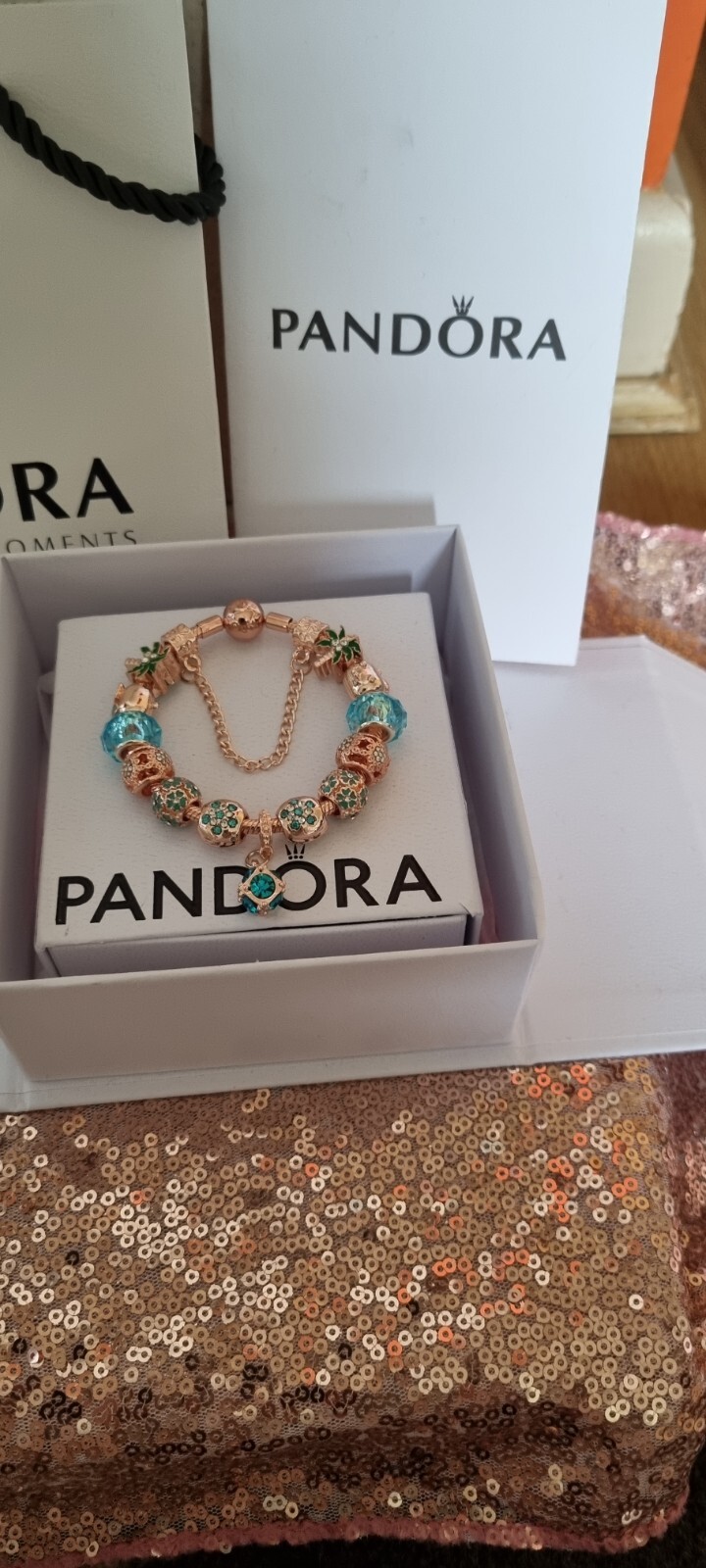 Genuine Pandora Bracelet Rose Gold+Rose Gold & Blue Charms 18 cms