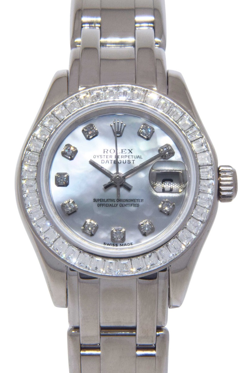 ロレックス パール模様ボックス Rolex Pearlmaster 18k White Gold MOP Diamond Ladies 29mm Watch +