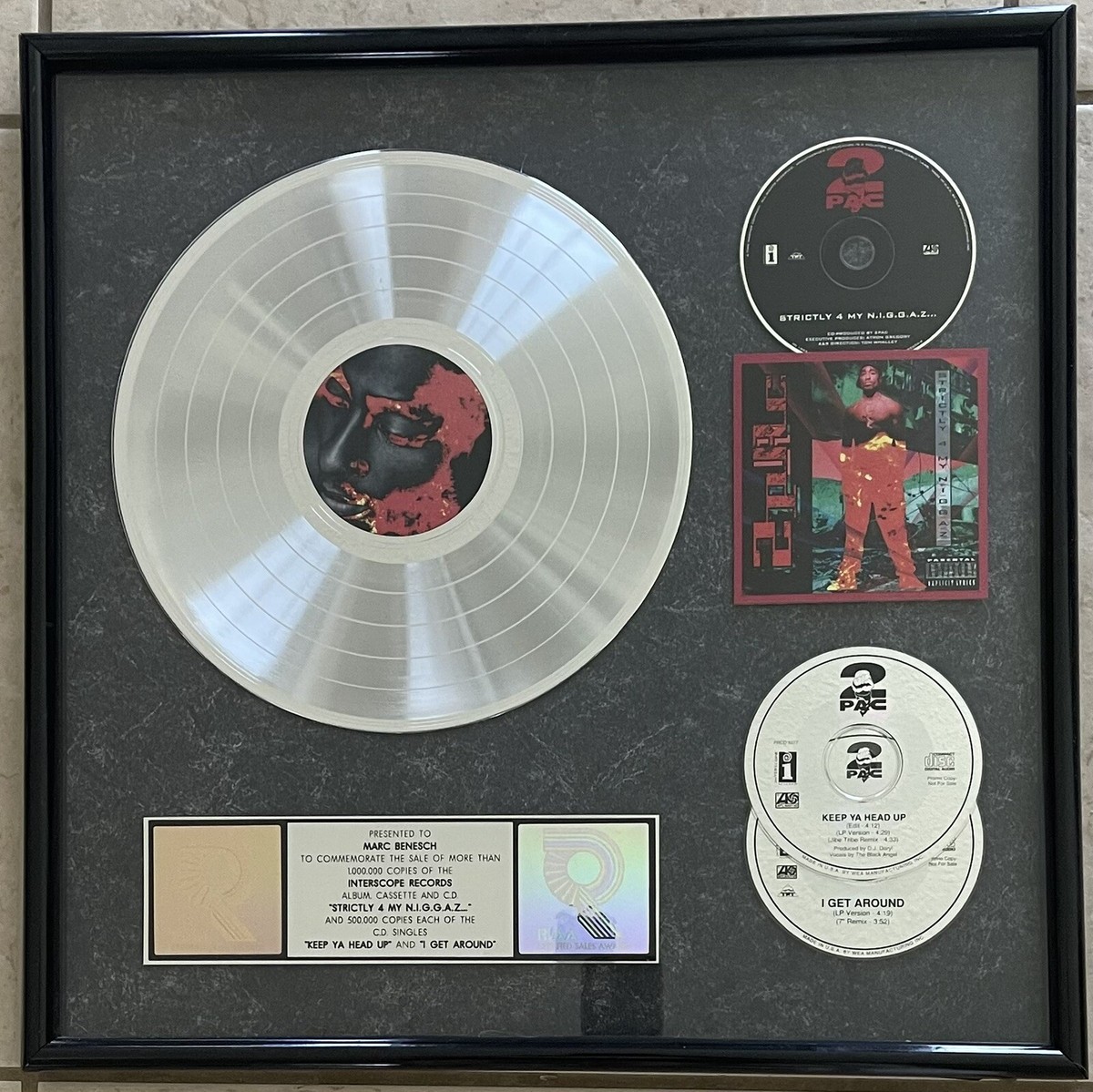 TUPAC SHAKUR “STRICTLY 4” PLATINUM PLAQUE RIAA AWARD FOR