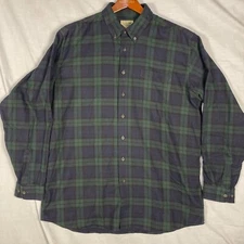 LL Bean Flannel Shirt Men’s XL Green Blue Plaid Cotton Pocket Outdoor Classic