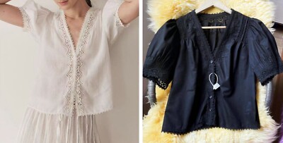 Women Doen V-neck Lace Embellished Short Sleeve Top