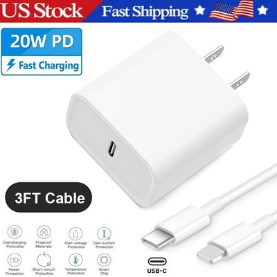 20W Type Usb-c Super Fast Wall Charger 3FT Charging Cable for iPhone 14 13 12