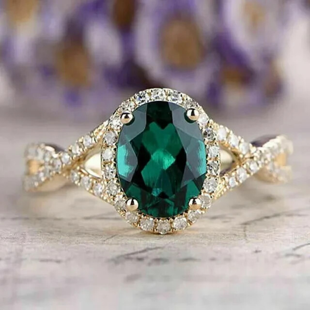 Twist Engagement Ring 14K Yellow Gold Plated 2Ct Oval Simulated Green Emerald-image