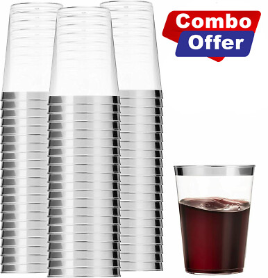Silver Rim Clear Elegant Heavy Quality Plastic Tumbler Party 10 Oz Cups