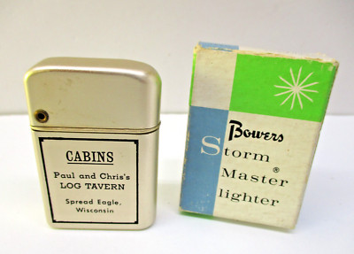 Vintage Bowers Storm Master Lighter ''Paul and Chris's Log Tavern Spread Eagle Wi