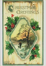 Postcard 4x6 Reproduction Antique Christmas Greetings Holly Dog Snow Wood Panel