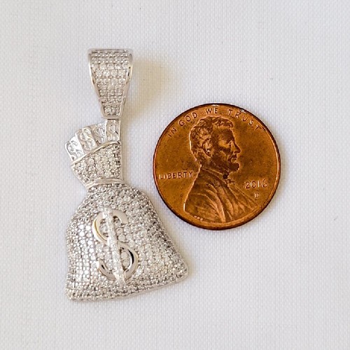 Sterling Silver Money Bag Hip Hop Pendant w/ Micro Pave CZ Stones - Picture 2 of 4