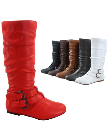Women's Round Toe Flat Causal Mid Calf Zip Buckle Boots Shoes Size 5 - 11 NEW
