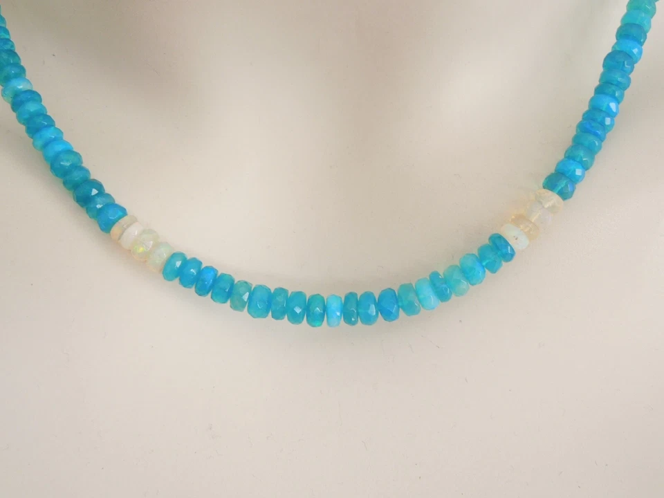 925 Argento Collana Collier Opale Blu & Bianco Rondella 10,5 G / Lungo 46-50,5 - Immagine 3 di 4