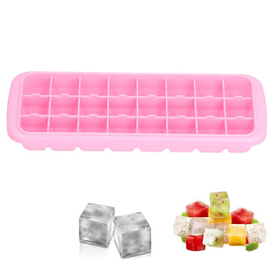 (Pink)24 Grids Ice Cubes Tray With Lid Food Grade Silicone DIY Ice Mold Tray US