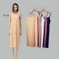 Women's Ice Silk Traceless Nightgown Full Slip Under Dress Sleeveless Nightwear