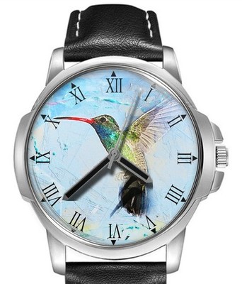 Kolibri Malerei Vintage Trendy Lederband großes Zifferblatt Geschenk Armbanduhr