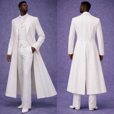 White Men's Long Jacket for Prom Banquet 3Pcs Designed Wedding Long Suit Pants