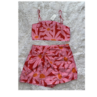 CIDER Women s 2pc Floral Woven Top & Skirt XL Pink/Red Sleeveless Bow Zip