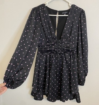 For Love & Lemons Carissa Polka Dot Mini Dress Sz S Black Pink Corset Ruched