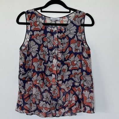 MAX&Co Sheer Floral Sleeveless Blouse Navy Orange Lightweight Top