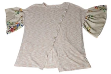 Hummingbird Women's Floral Blouse Top Peach Ivory Flutter Sleeve Top Size Large