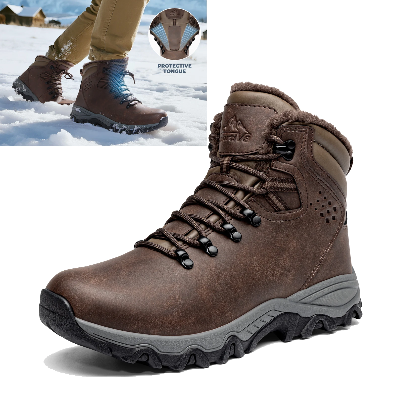 Mens Faux Fur Lined Snow Boots Insulated Waterproof Outdoor Hiking Boots