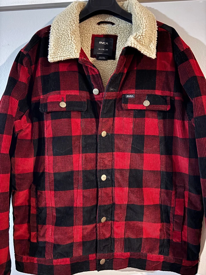 RVCA Waylon Denim Trucker Jacket Sherpa Lined Button Up XL RED & Black Buffalo - Image 2 of 4