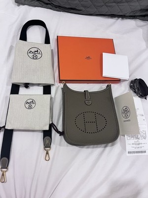 BRAND NEW HERMES EVELYNE mini 2025 Etoupe/Bleu Indigo with Receipt, Complete.