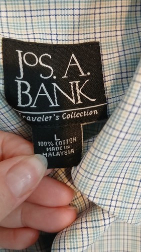 Jos. A. Bank Travelers Collection Cotton Shirt Green/Blue Plaid Size Large SS - Picture 6 of 7