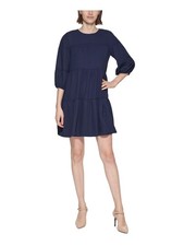 CALVIN KLEIN Womens Navy Back Lined 3/4 Sleeve Short Shift Dress Petites 0P