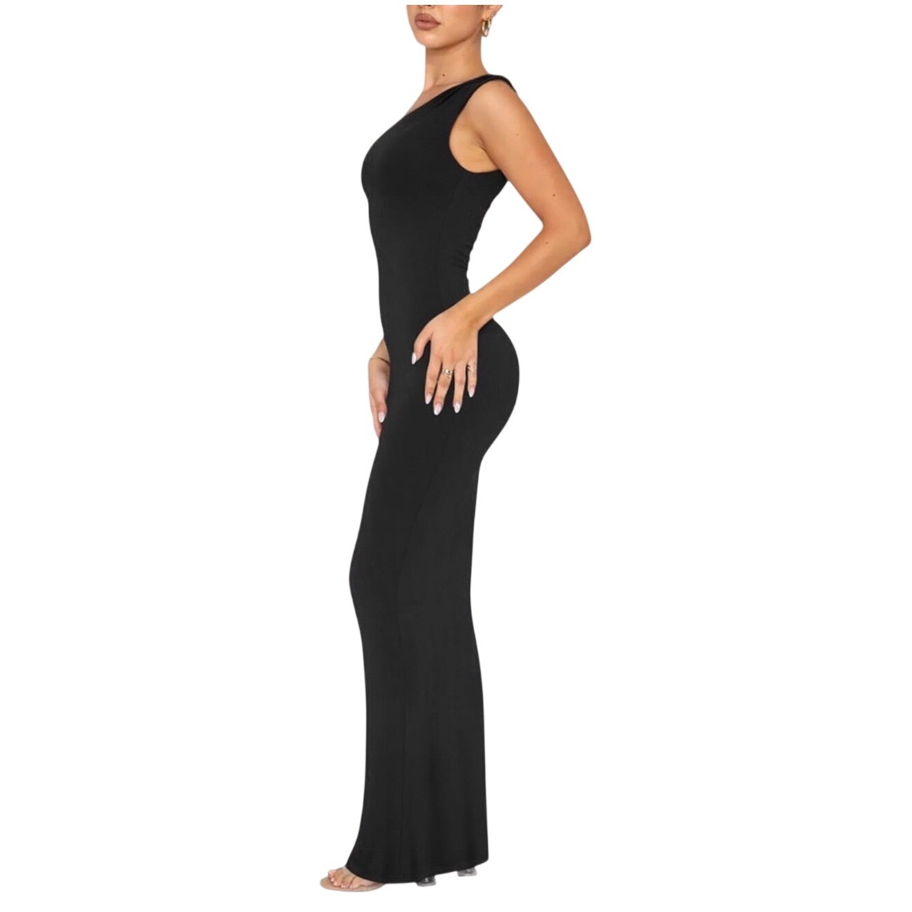 NWT REORIA Womens One Shoulder Formal Maxi Dress Black Ribbed Bodycon XS image 2