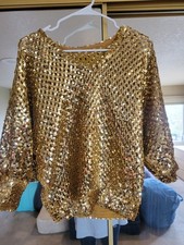 VINTAGE 1970S DISCO ERA GOLD SEQUIN FISHNET SWEATER Size M