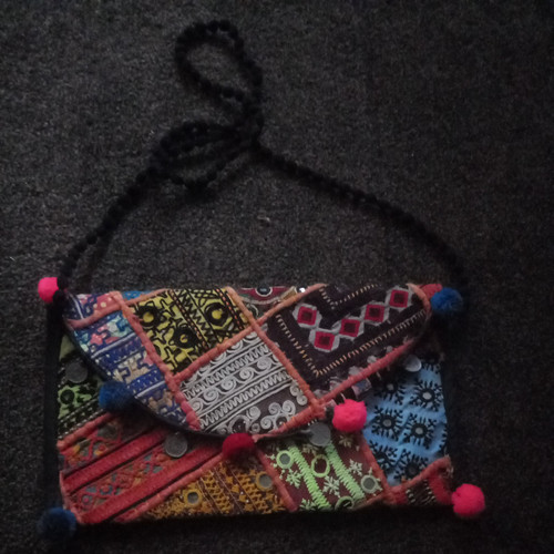 Vintage 90s Boho Hippie embroidered mirrored Indian pom pom shoulder Bag - Picture 1 of 6