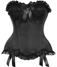 Daisy Corset Top Drawer Black Satin Steel Boned Overbust Boudoir Bustier Gothic