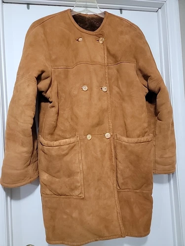 Giacca cappotto Loewe donna40 scamosciato shearling doppiopetto colletto meno lungo cammello