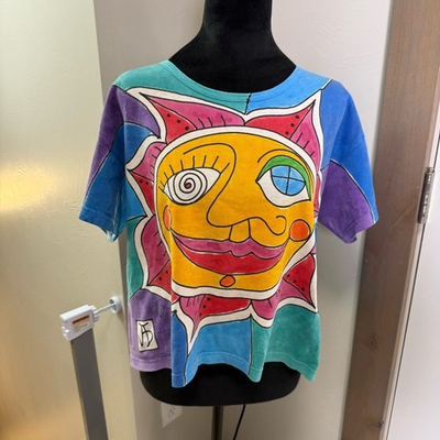 #ad Vintage Allover Print Sun Hand Painted Cotton Shirt Hippie Festival 90s Colorful $47.98
