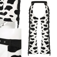 Unisex Cow Spot Pattern Long Pants Side Tassel Rodeo Dress-Up Themed Partywear
