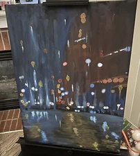 Rainy City, Raining Days Original Acrylic Painting on Black Canvas by Anastasia 