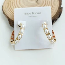 Alicia Bonnie Abbie Pearl Hoop Earrings Gold $48 Authentic