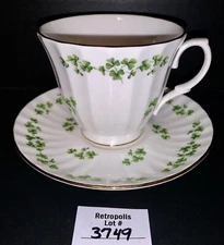 Duchess Fine Bone China England Footed Cup & Saucer Green Shamrocks Gold Trim