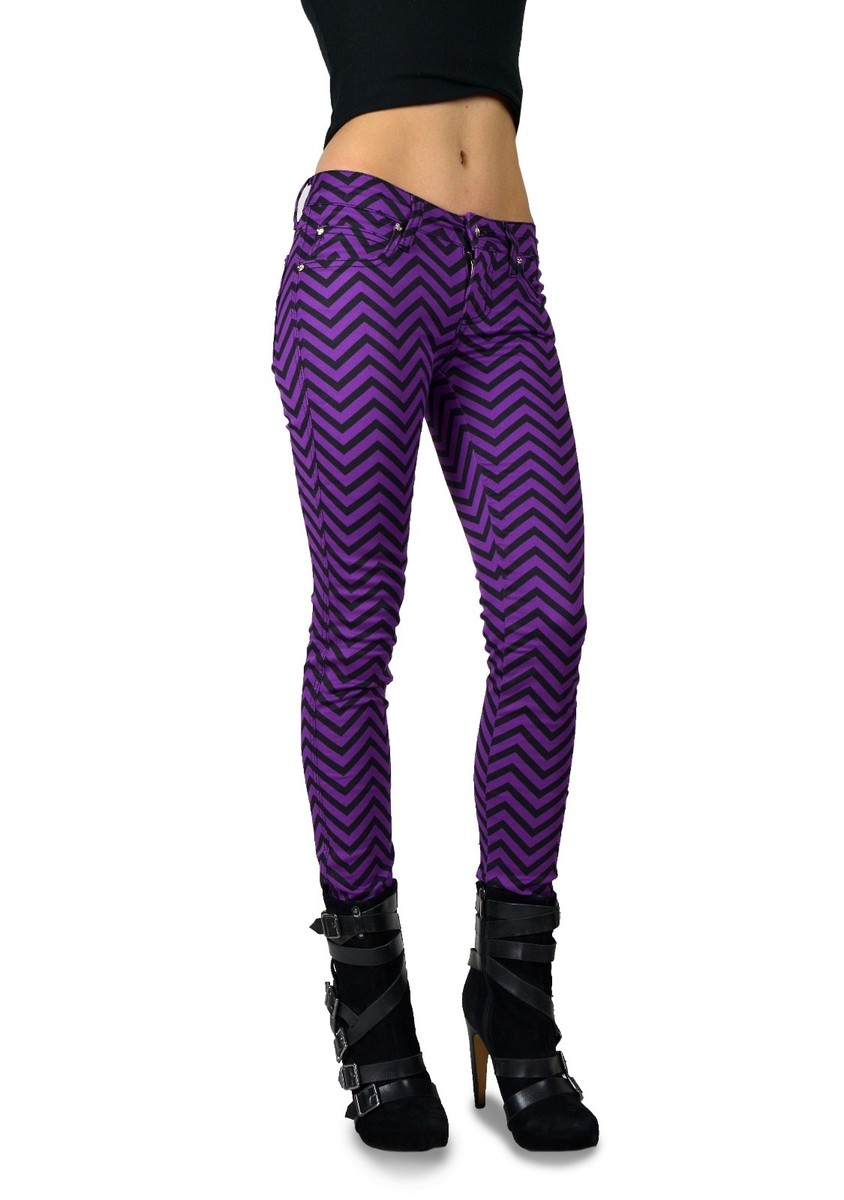 TRIPP PURPLE BLACK ZIGZAG PRINT JEAN PANTS METAL MOTO PUNK SKINNY
