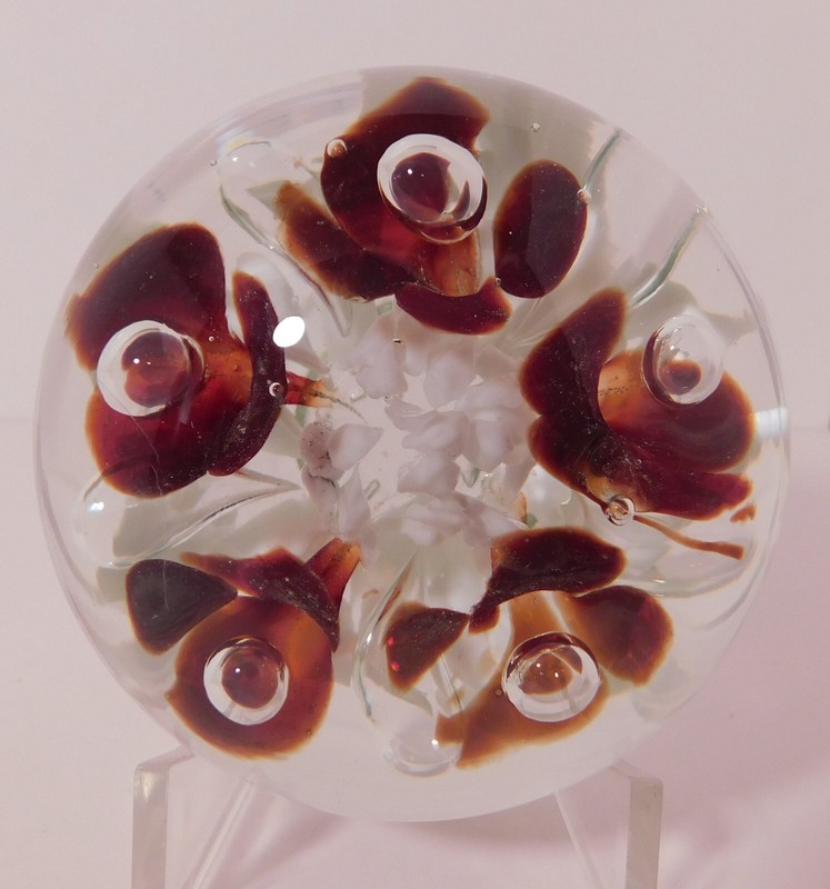 Large & LOVELY Signed JOE ST CLAIR Dark Red LILY Flowers Art Glass Paperweight