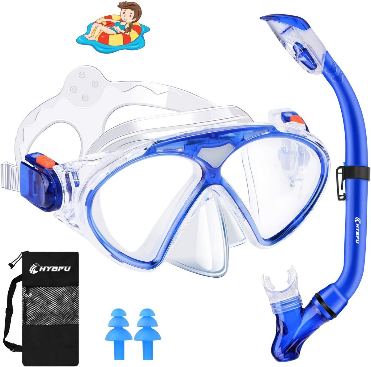 Snorkel Set w/ Dry Top, Goggles, Mask, Sack, Ear Plugs