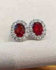 4Ct Oval Cut Lab Created Red Ruby Women's Earring Stud 14K White Gold Plated
