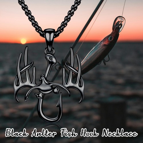 PROESS Fish Hook Necklace for Men 925 Sterling Silver Antler Duck Pendant Nec... - Picture 3 of 4
