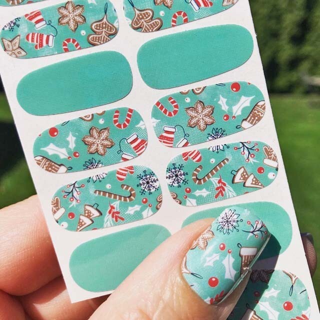 Mint and Red Christmas Nail Stickers, Holiday Nail Wraps, Cookies Candy