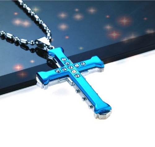 Cross Pendant Necklace BLUE Stainless 