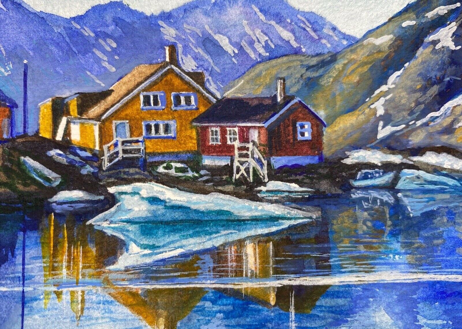 Watercolor Painting Mountains Landscape House Alaska US ACEO Art