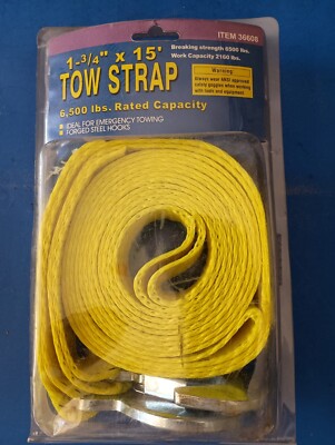 Tow Strap With Hooks, 15 Ft X 1.75 , 6500 Pounds Rated Capacity