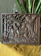 3D Wood Carved Wall Plaque Decor - Family of Deer In Forest Doe Buck Fawn Elk