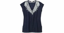 $295 EUC Navy Blue & White Tory Burch Issy Scallop-Trim Embroidered Tunic, Size 
