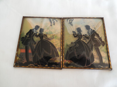Vintage reverse painting silhouette couple  set of two convex glass*